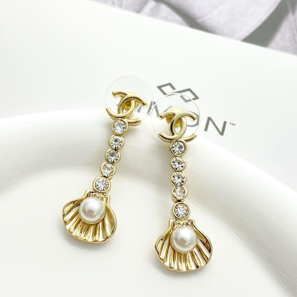Ch**el Rhinestone Pearl Shell Drop Earrings