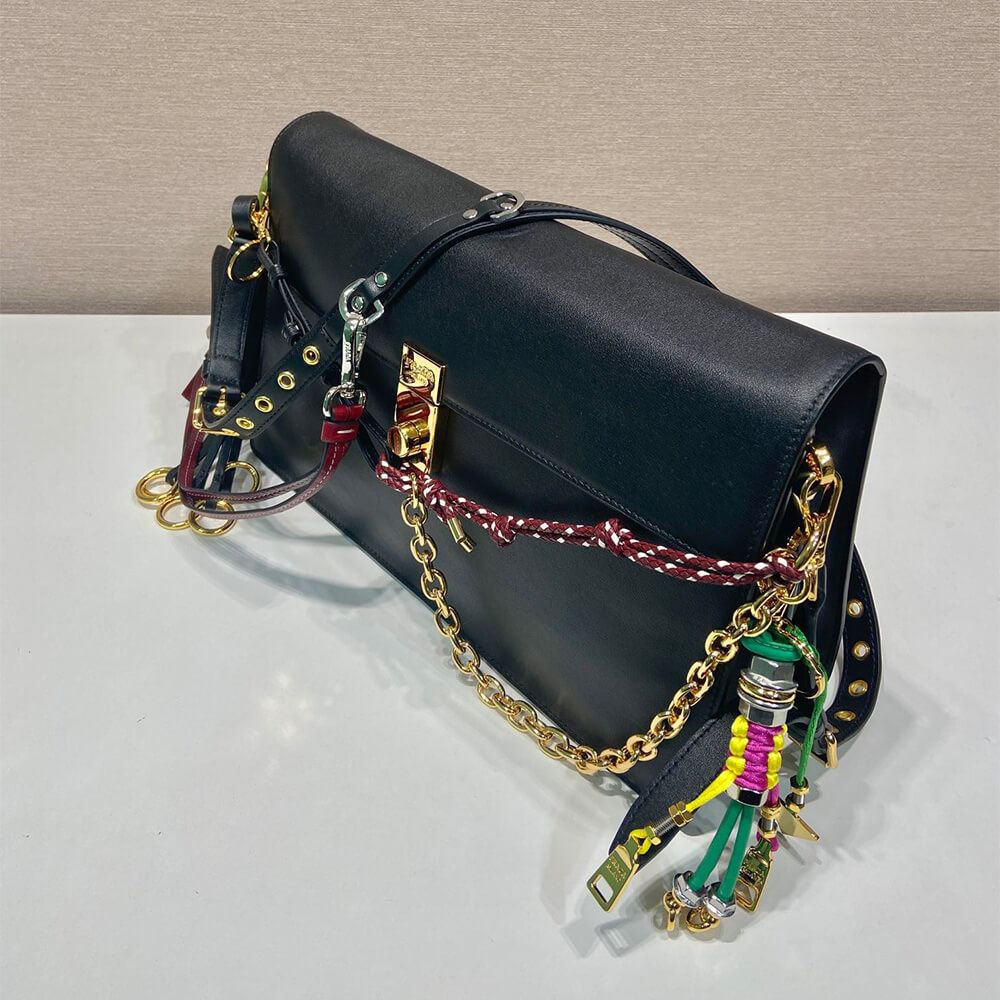 Pra*a Soft Sound large leather shoulder bag with charms(high-end grade)