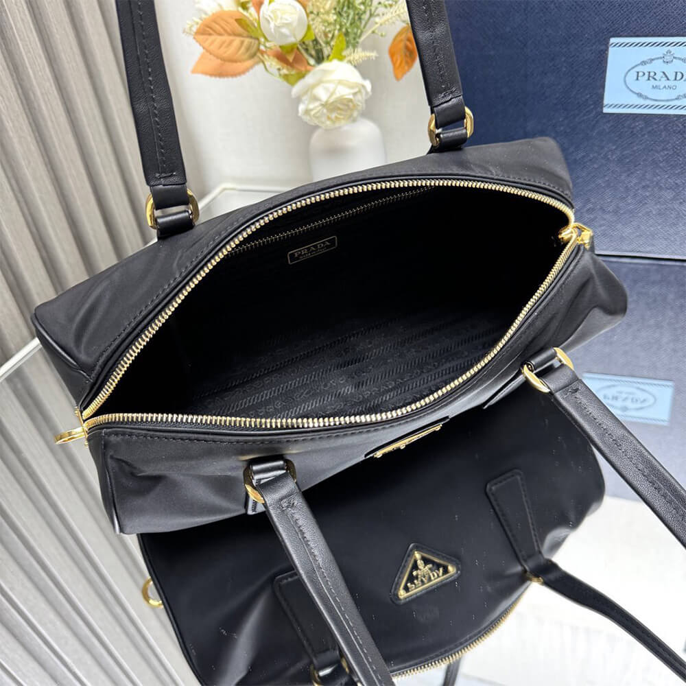 Pra*a Re-Nylon and leather medium top-handle bag with padlock(high-end grade)