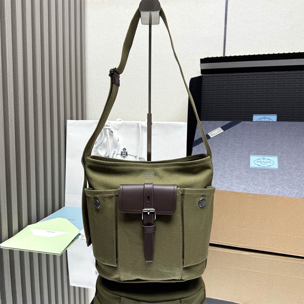 Pra*a Route mini canvas and leather bucket bag(HIGH-END GRADE)