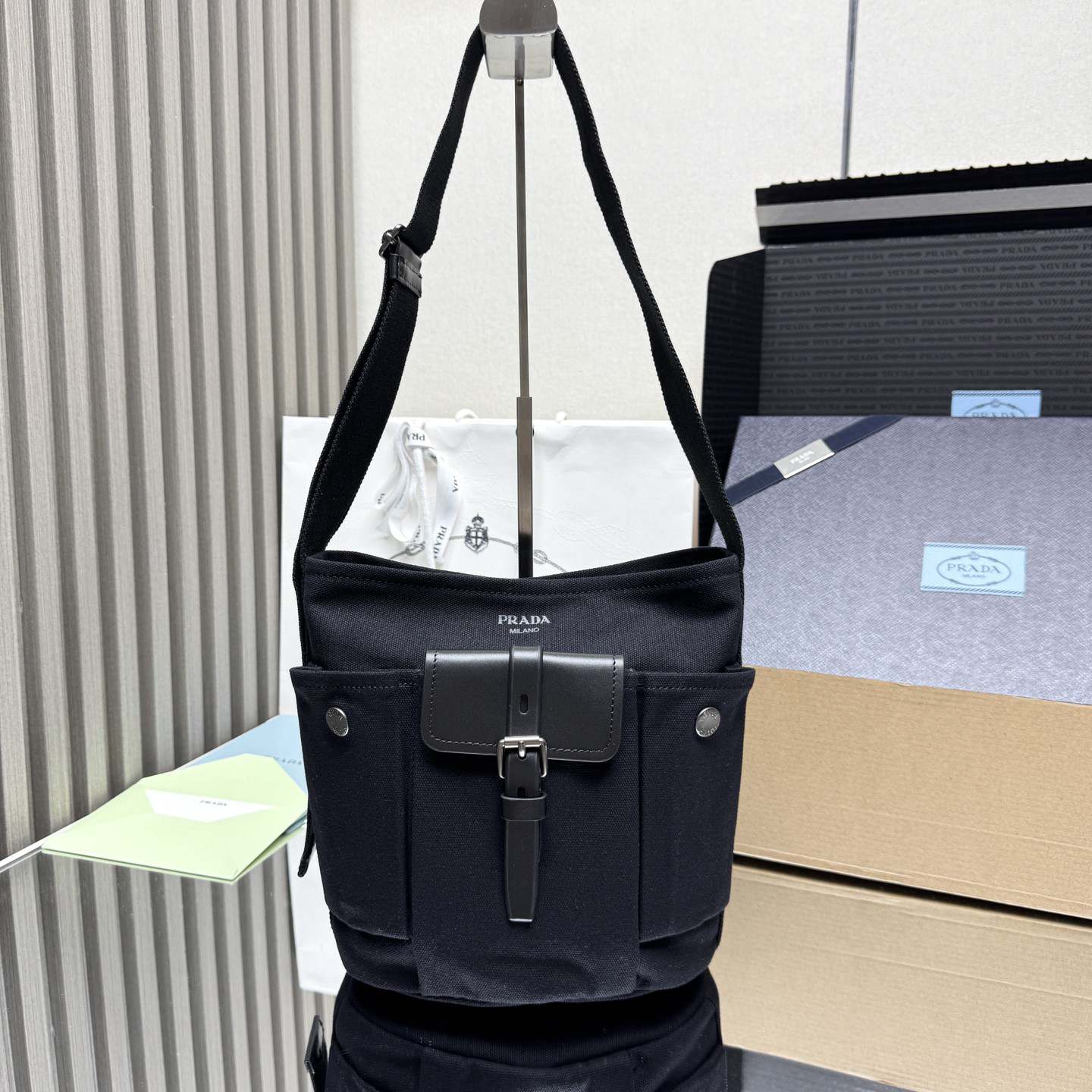Pra*a Route mini canvas and leather bucket bag(HIGH-END GRADE)