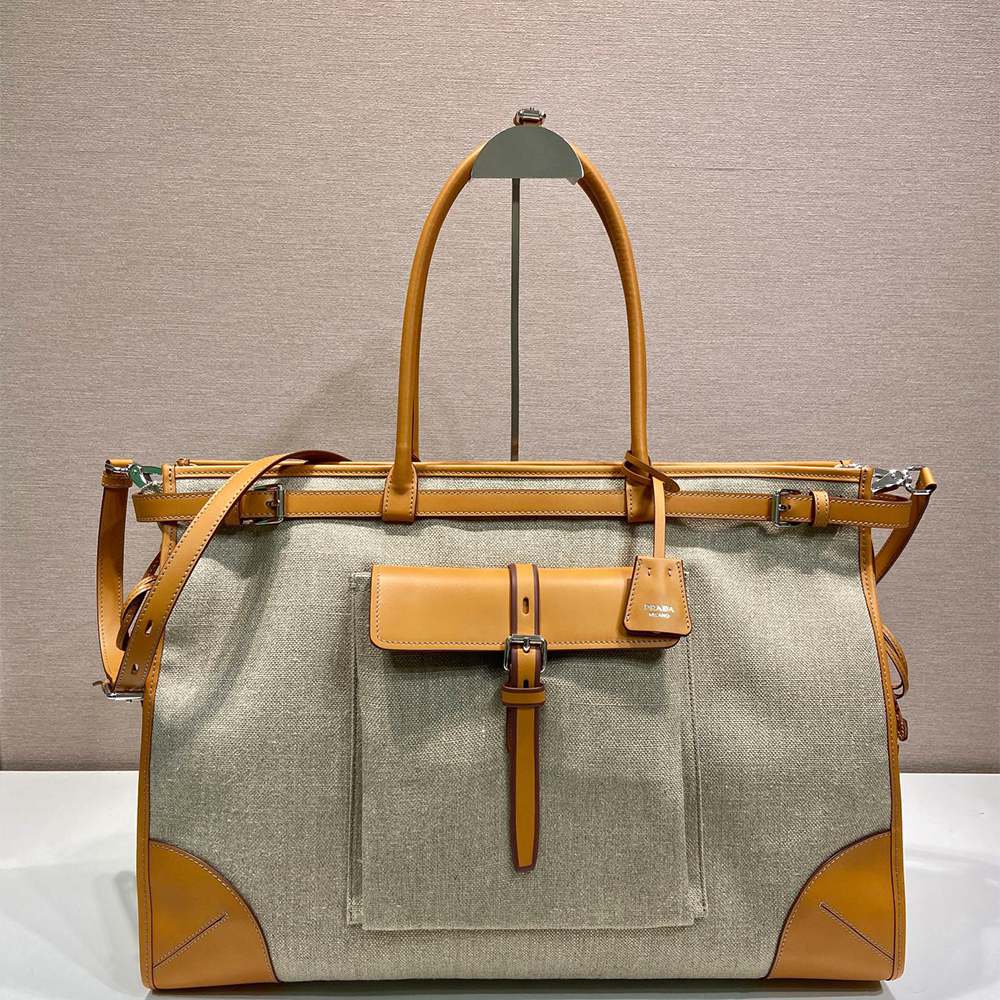 Pra*a Bonnie linen and leather tote bag(HIGH-END GRADE)
