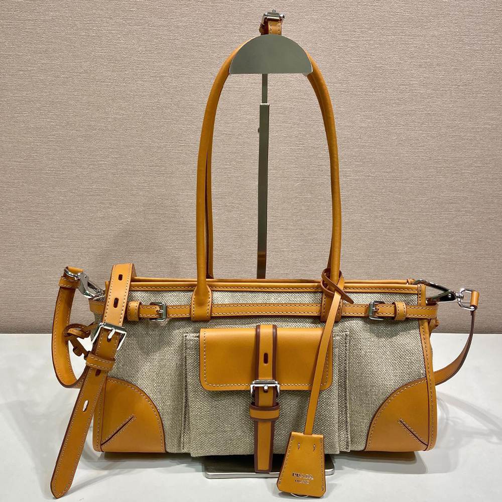 Pra*a Bonnie medium linen and leather handbag(HIGH-END GRADE)