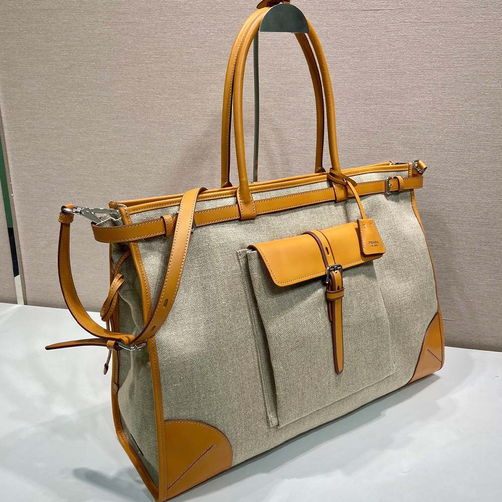 Pra*a Bonnie linen and leather tote bag(HIGH-END GRADE)