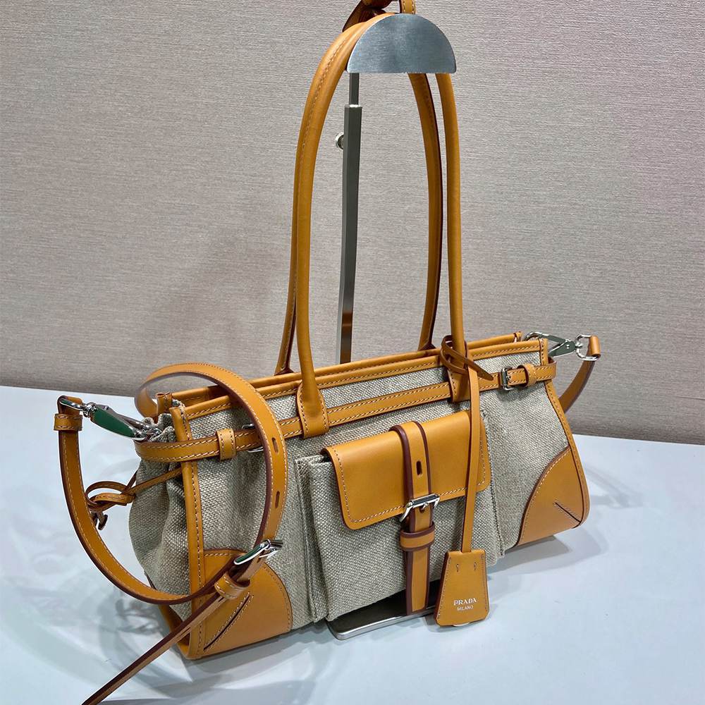 Pra*a Bonnie medium linen and leather handbag(HIGH-END GRADE)