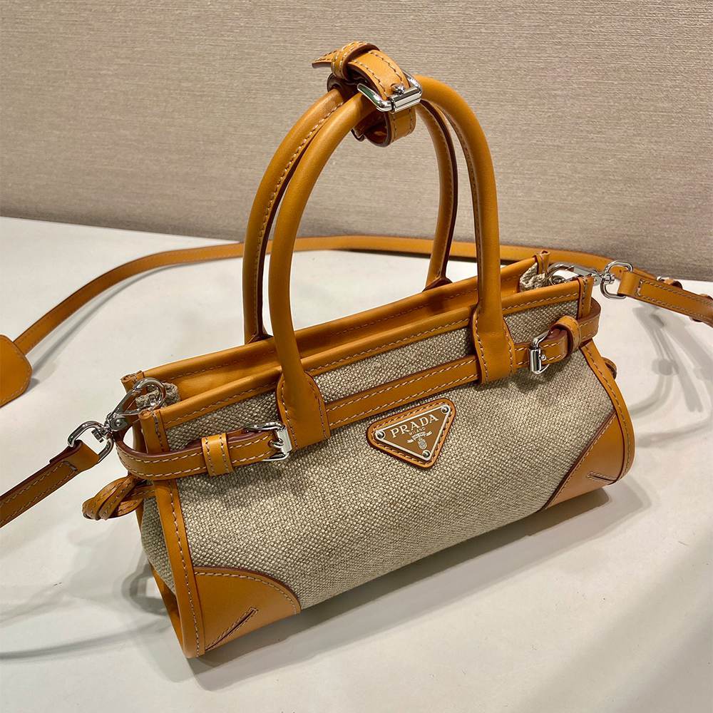 Pra*a Bonnie small linen and leather handbag(HIGH-END GRADE)