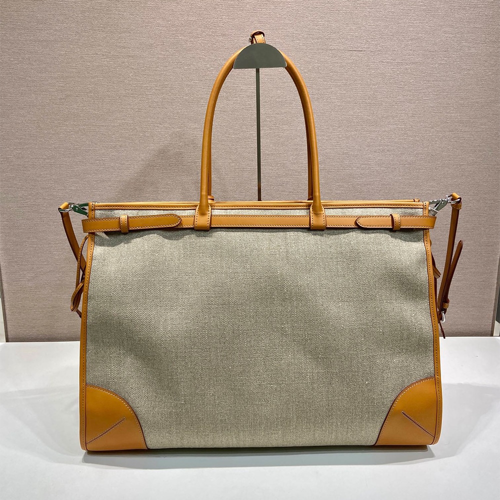 Pra*a Exlarge Bonnie linen and leather tote bag(HIGH-END GRADE)