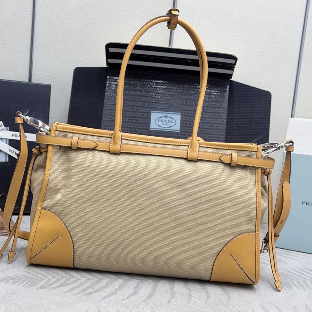 Pra*a Large Bonnie linen and leather tote bag(HIGH-END GRADE)