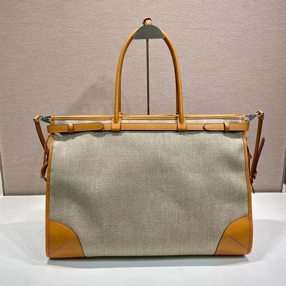 Pra*a Bonnie linen and leather tote bag(HIGH-END GRADE)