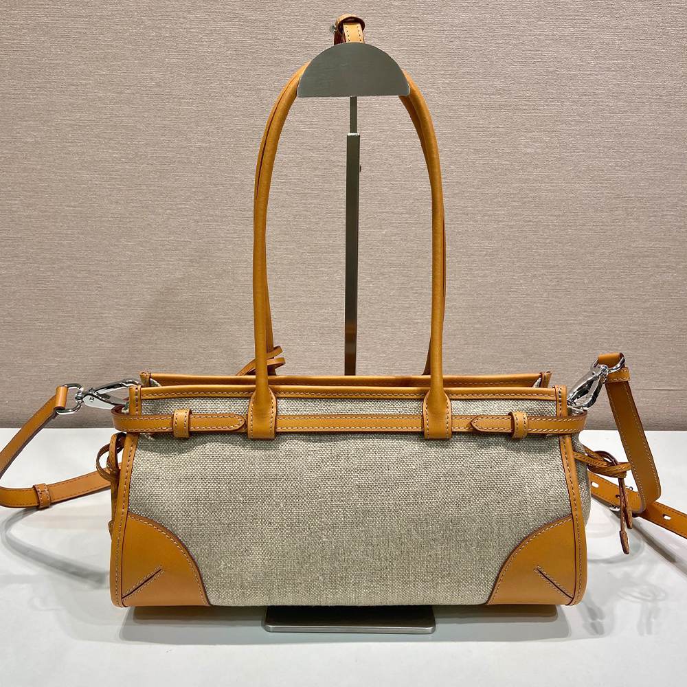 Pra*a Bonnie medium linen and leather handbag(HIGH-END GRADE)