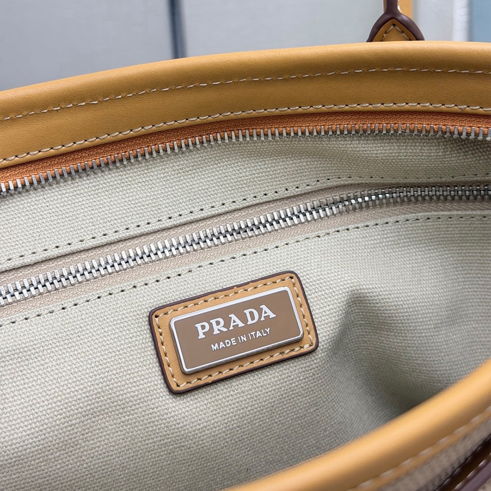 Pra*a Large Bonnie linen and leather tote bag(HIGH-END GRADE)