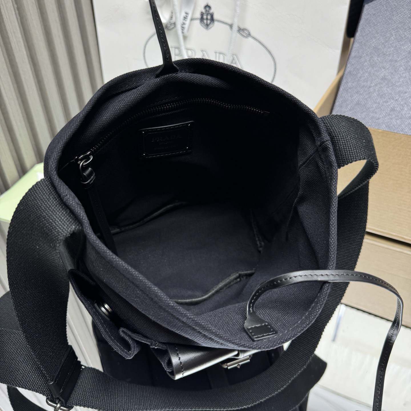 Pra*a Route mini canvas and leather bucket bag(HIGH-END GRADE)