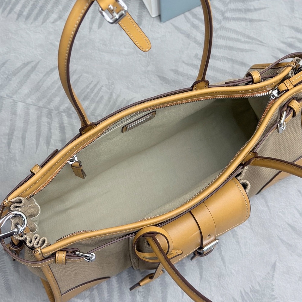 Pra*a Large Bonnie linen and leather tote bag(HIGH-END GRADE)