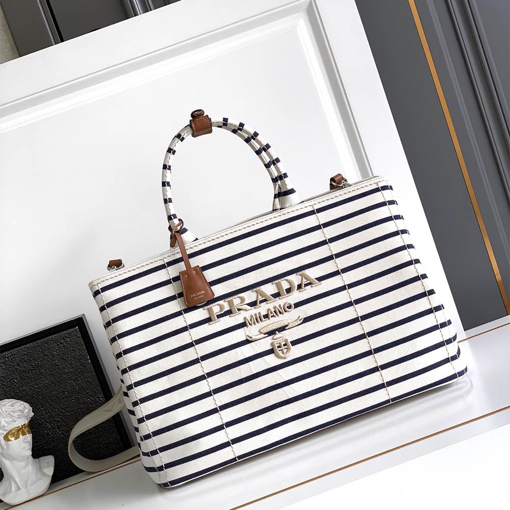 Pra*a Striped canvas tote bag(HIGH-END GRADE)