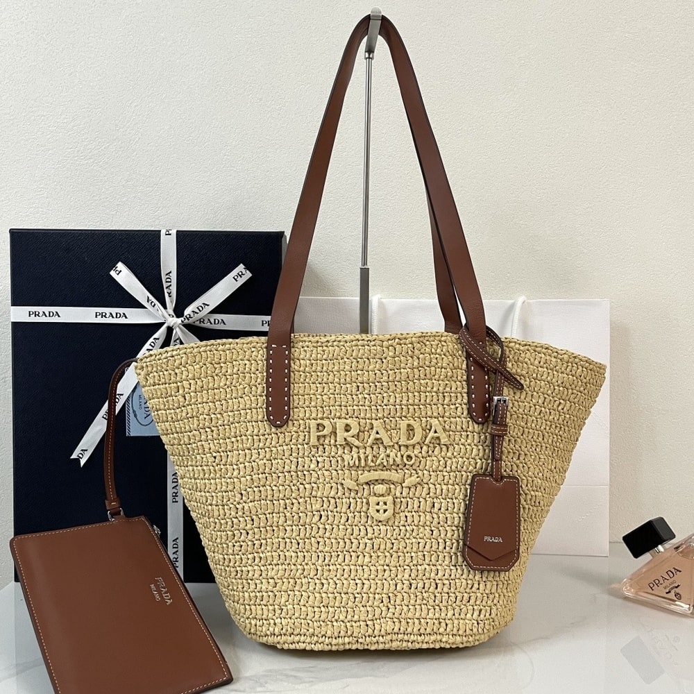 Pra*a Medium crochet and leather tote bag(HIGH-END GRADE)