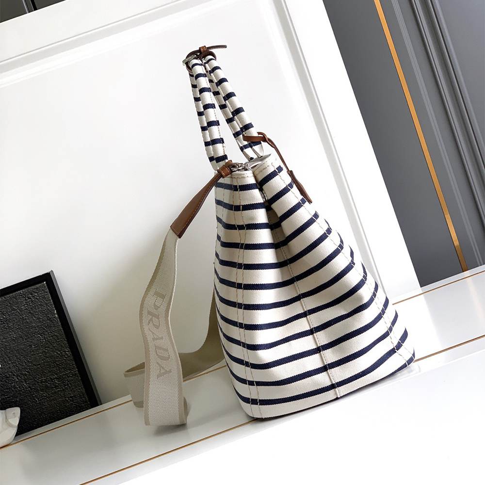 Pra*a Striped canvas tote bag(HIGH-END GRADE)