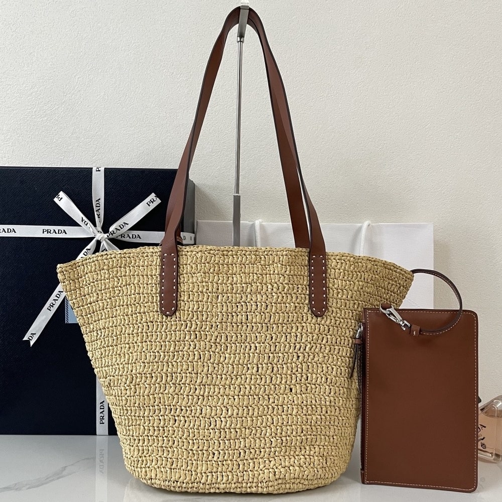Pra*a Medium crochet and leather tote bag(HIGH-END GRADE)