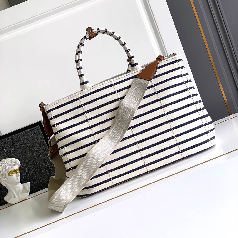 Pra*a Striped canvas tote bag(HIGH-END GRADE)